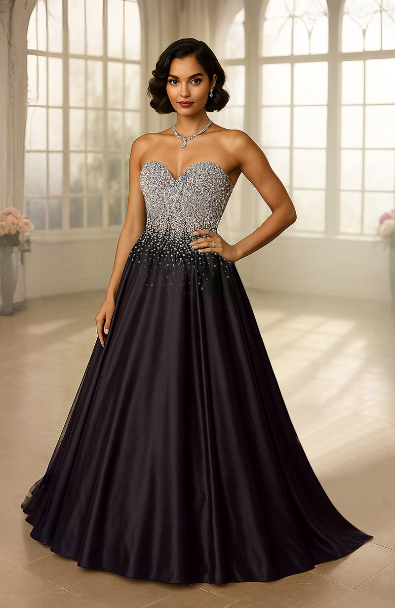 black dress with crystals Talking Threads Naira Black Crystal Embroidered Satin Evening Gown