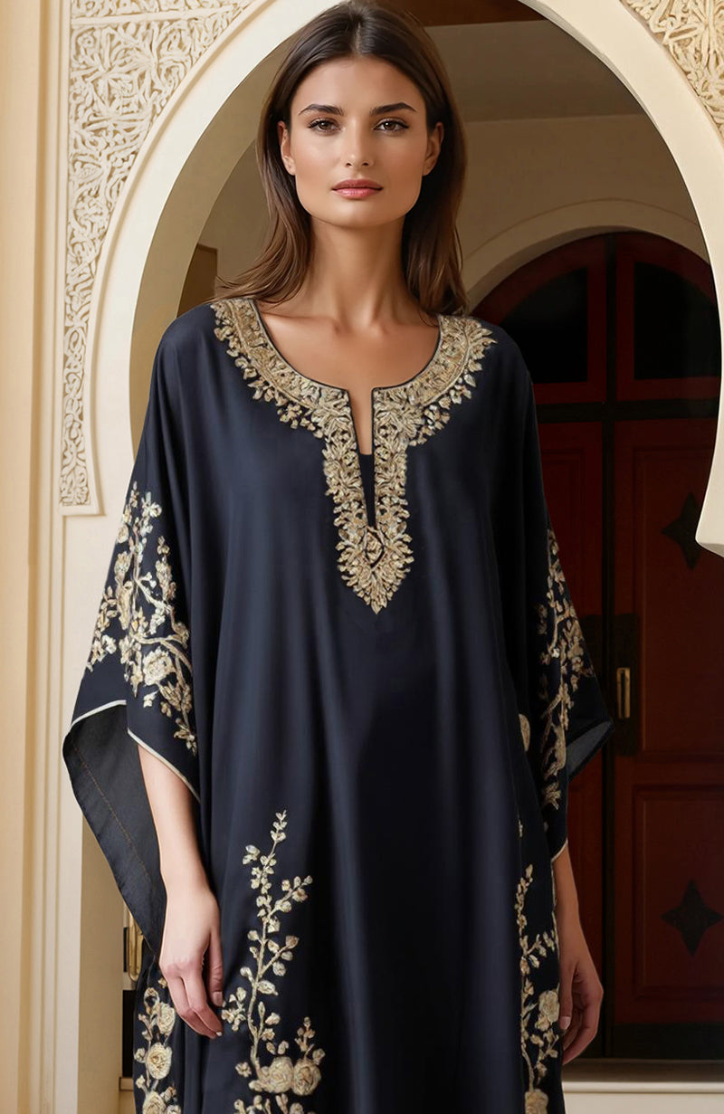 Midnight Elegance: Luxurious Gold Kashmiri Tilla Embroidered Blue Kaftan Dress