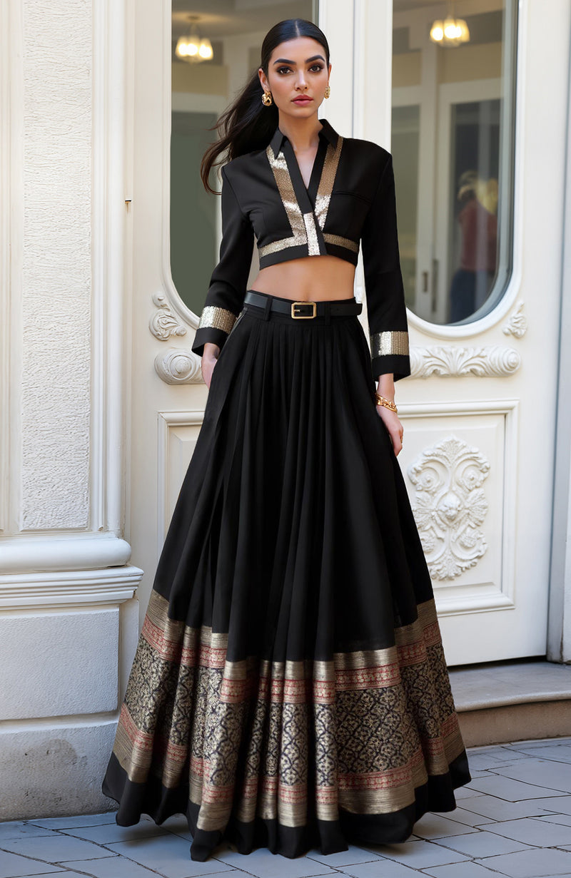 Black Gold Lehenga With Cropped Blouse Set