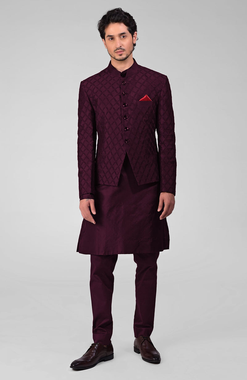 Wine Embroidered Bandhgala Jacket