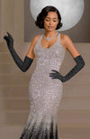 Black mermaid gown with silver and pink crystal embroidery and pearl details, paired with black gloves