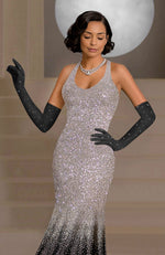 Black mermaid gown with silver and pink crystal embroidery and pearl details, paired with black gloves