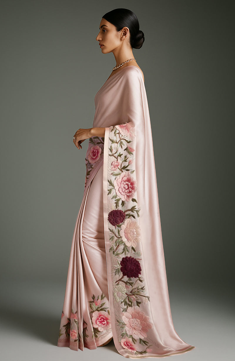 Blush Pink Peony and Roses Embroidered Saree