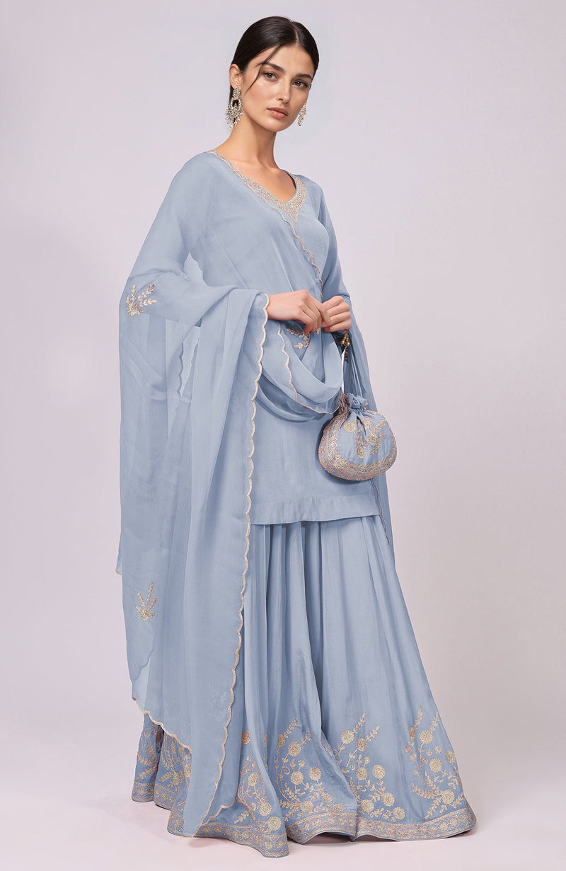 Dusty Blue Kashmiri Tilla Aari Embroidered Sharara Set