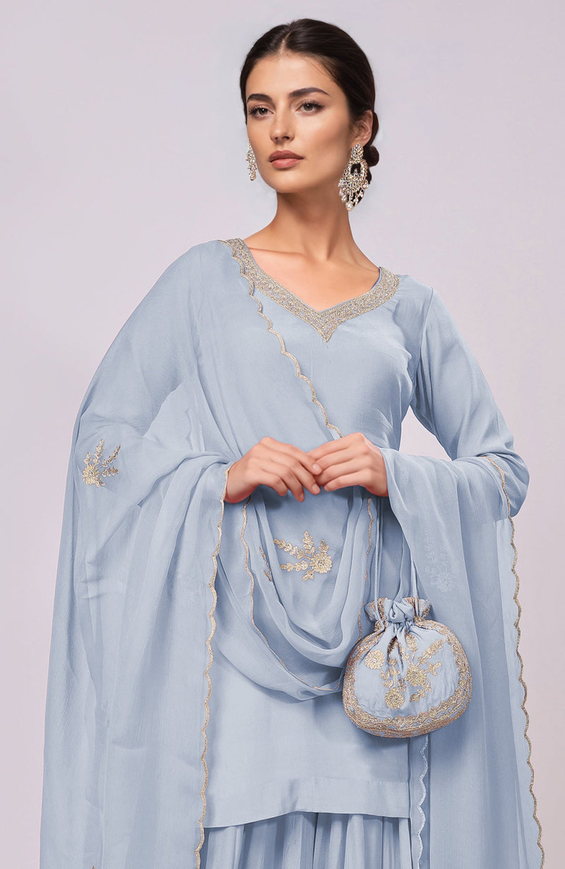 Dusty Blue Kashmiri Tilla Aari Embroidered Sharara Set