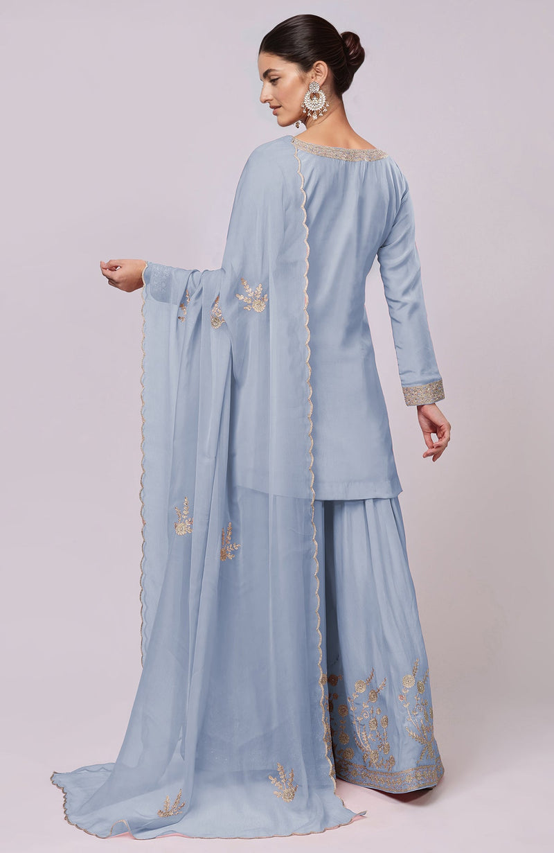 Dusty Blue Kashmiri Tilla Aari Embroidered Sharara Set