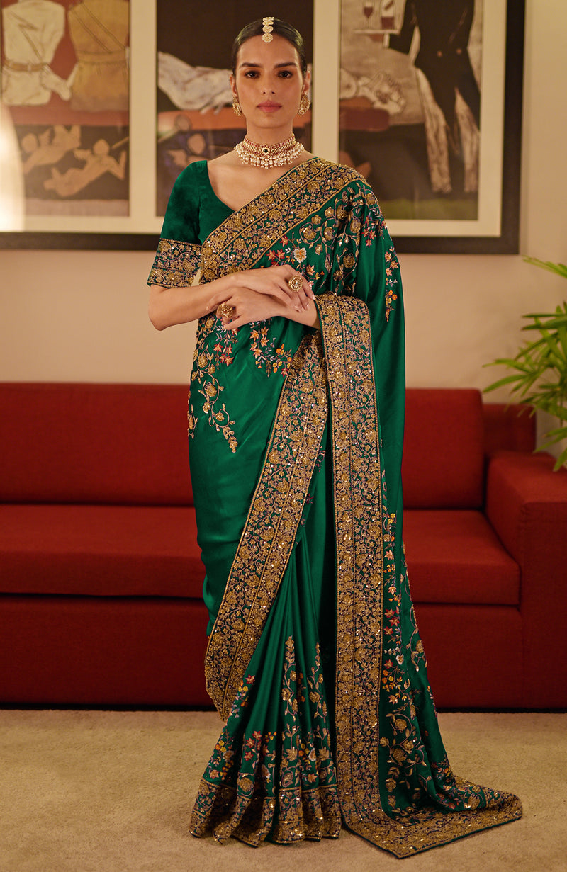 Emerald Green Marodi & Resham Hand Embroidered Saree