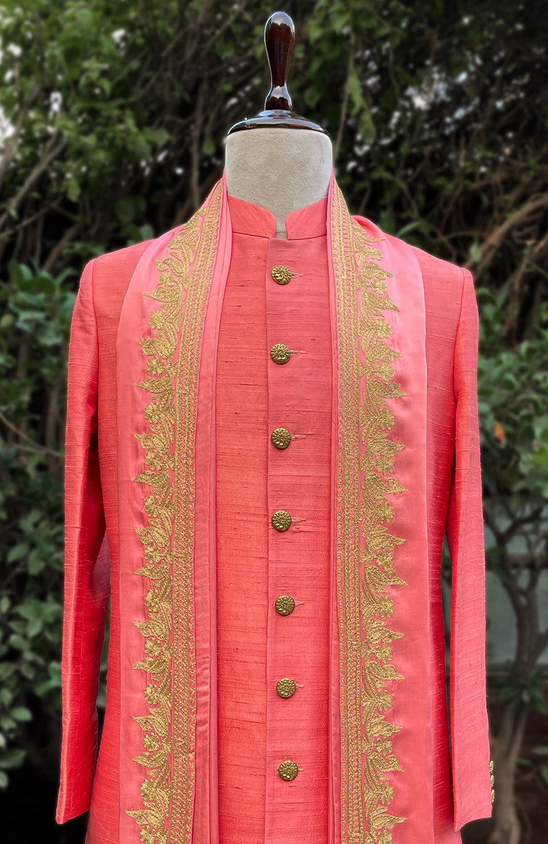 Kashmiri Tilla Embroidered Coral Stole
