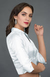Silvery White Pure Satin Silk Collared Blouse
