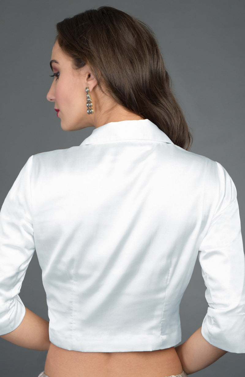 Silvery White Pure Satin Silk Collared Blouse