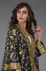 Charcoal Blue Parsi Gara Embroidered Kimono Jacket