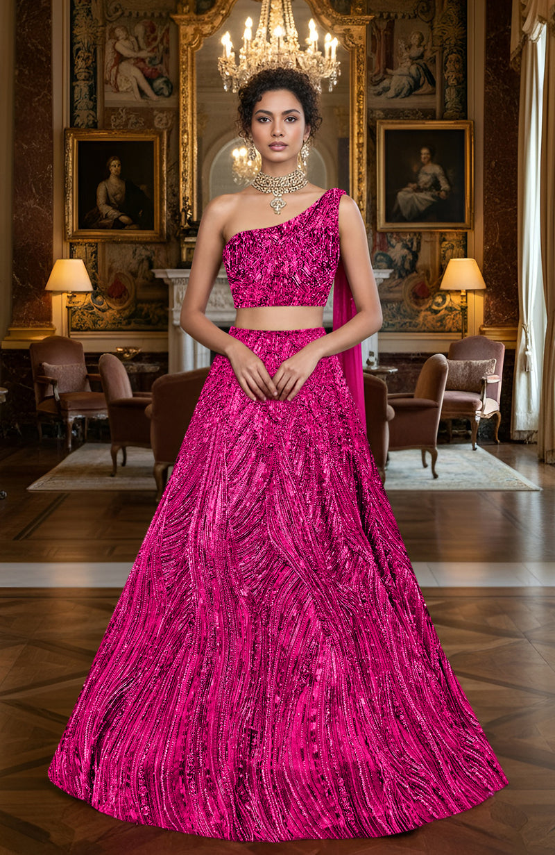 LAILA- Hot Pink Hand Embroidered Lehenga Set With Cape