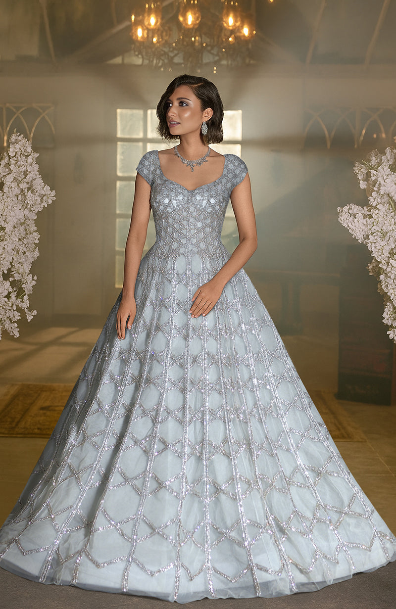 NAIRA Illusion Blue Crystal Hand Embroidered  Princess Gown