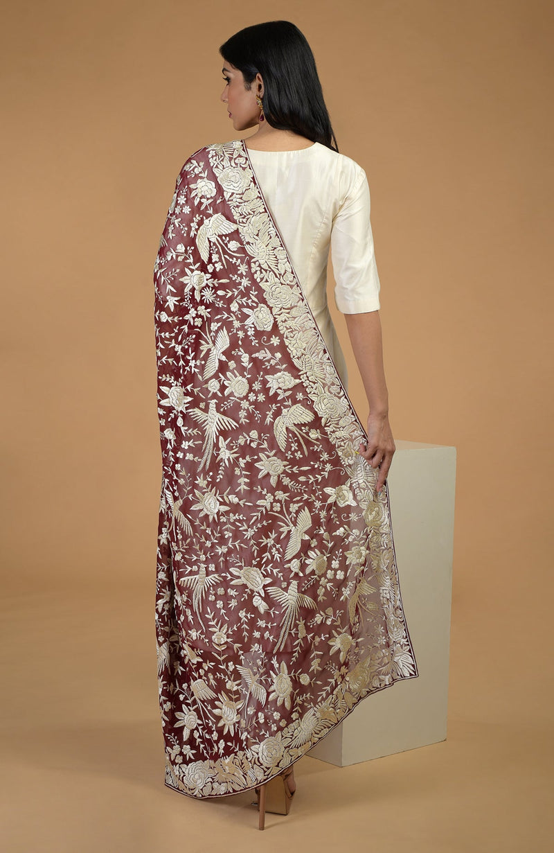 Masterpiece Wine Parsi Gara Hand Embroidered Dupatta