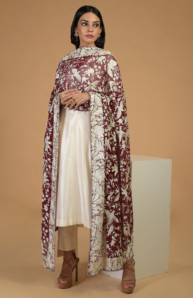 Masterpiece Wine Parsi Gara Hand Embroidered Dupatta