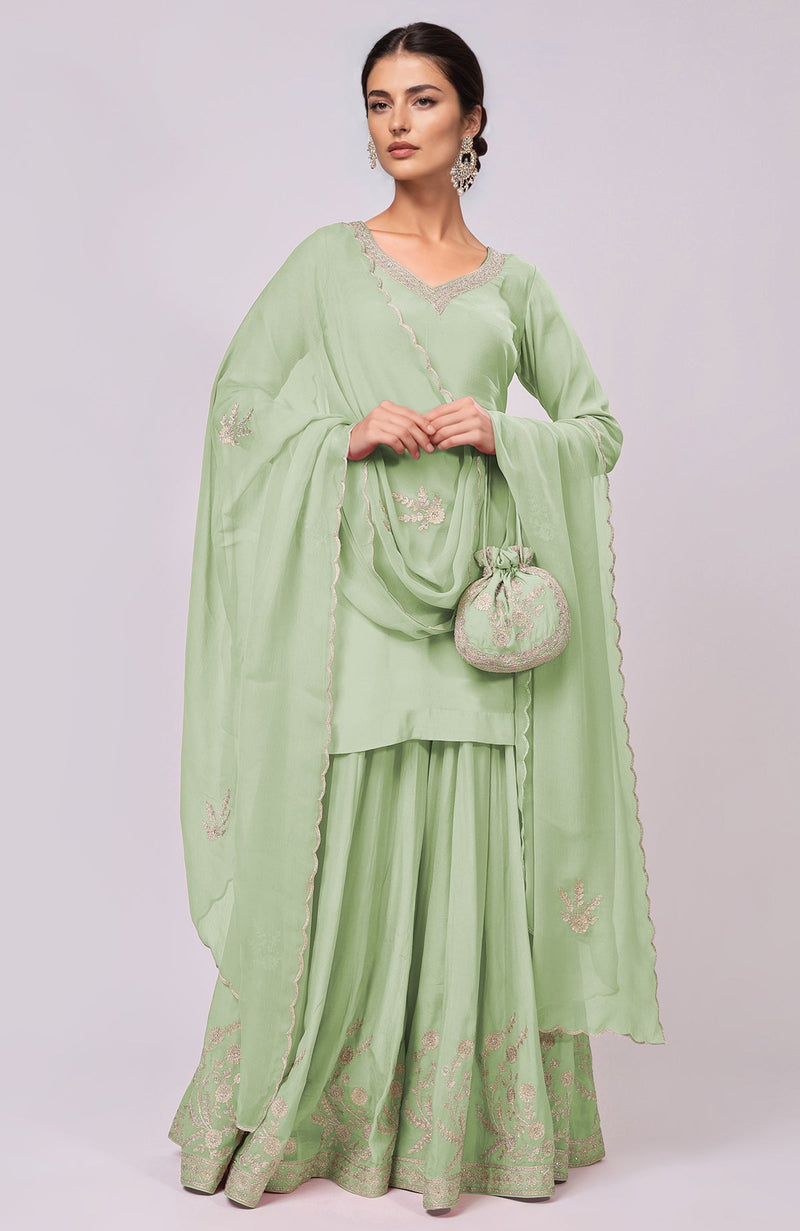 Sage Green Kashmiri Tilla Aari Embroidered Sharara Set