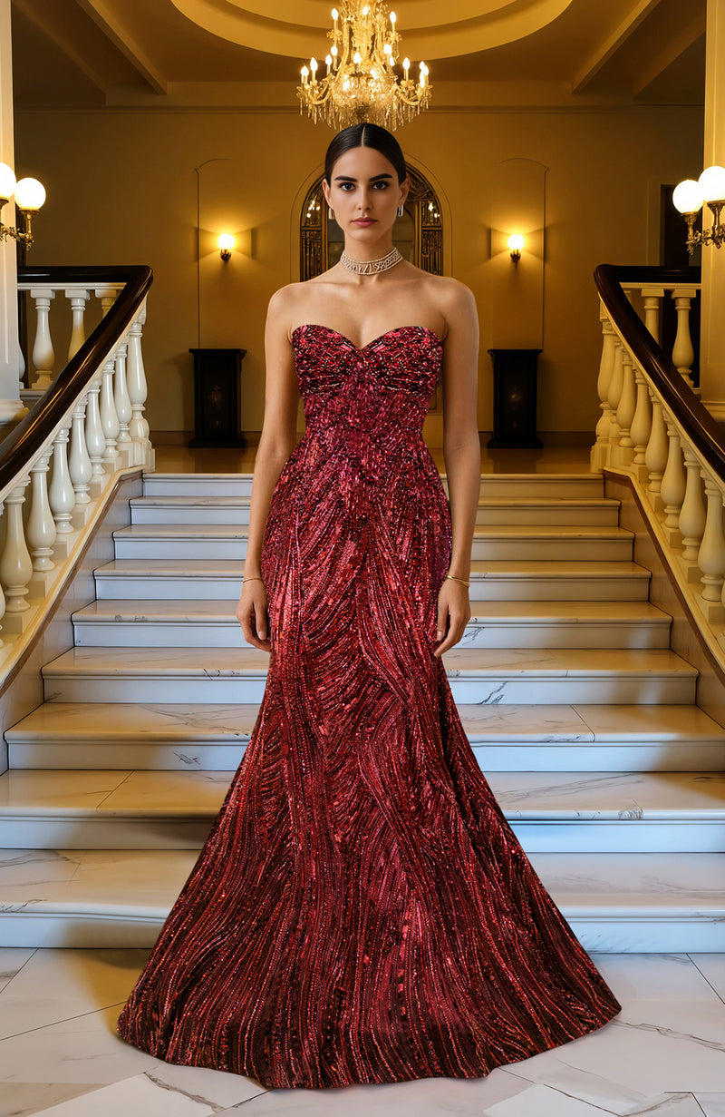 LAILA- Wine Hand Embroidered Mermaid Gown