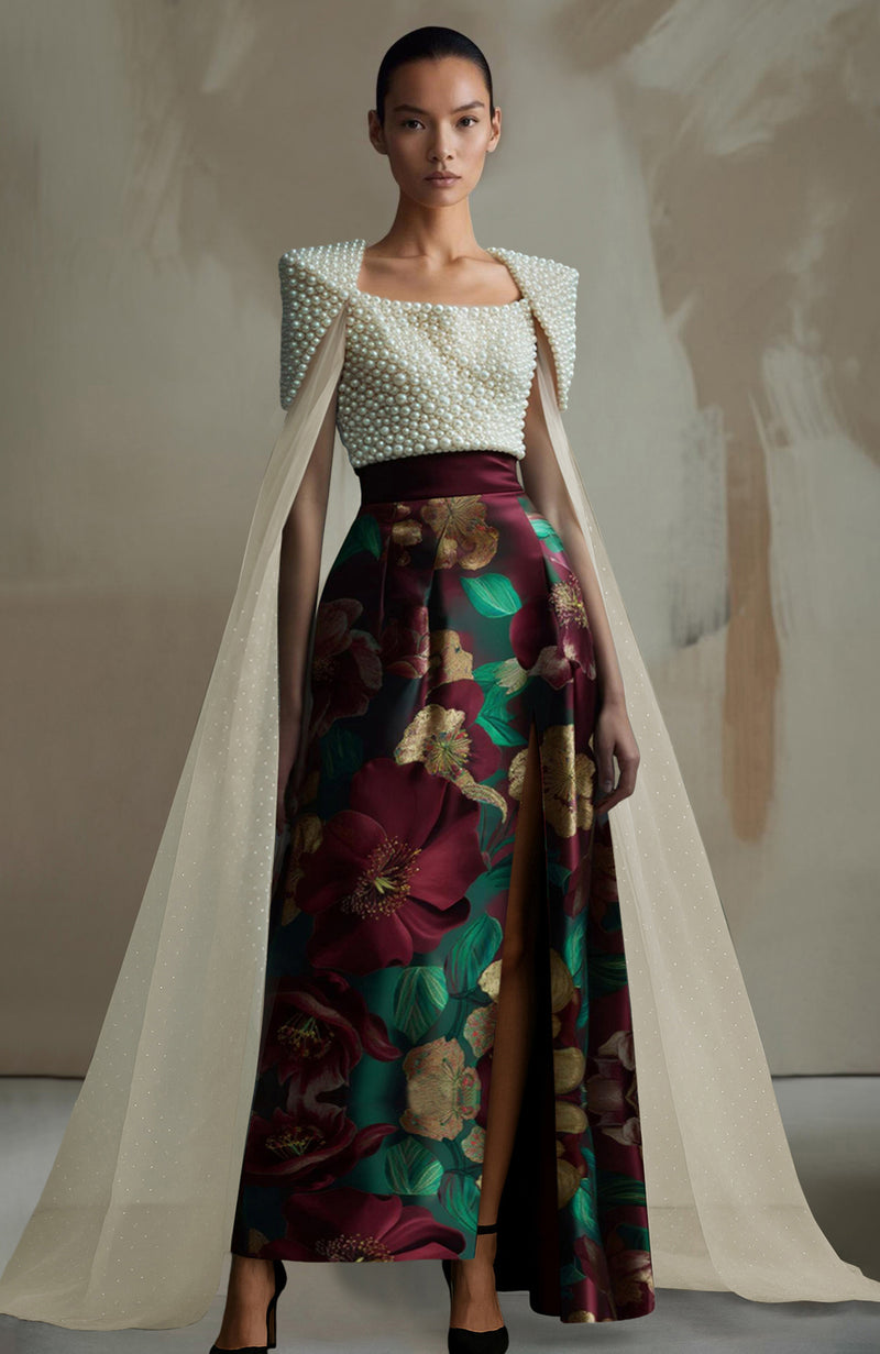 Crimson Crown Pearl Embroidered Floral Skirt Set