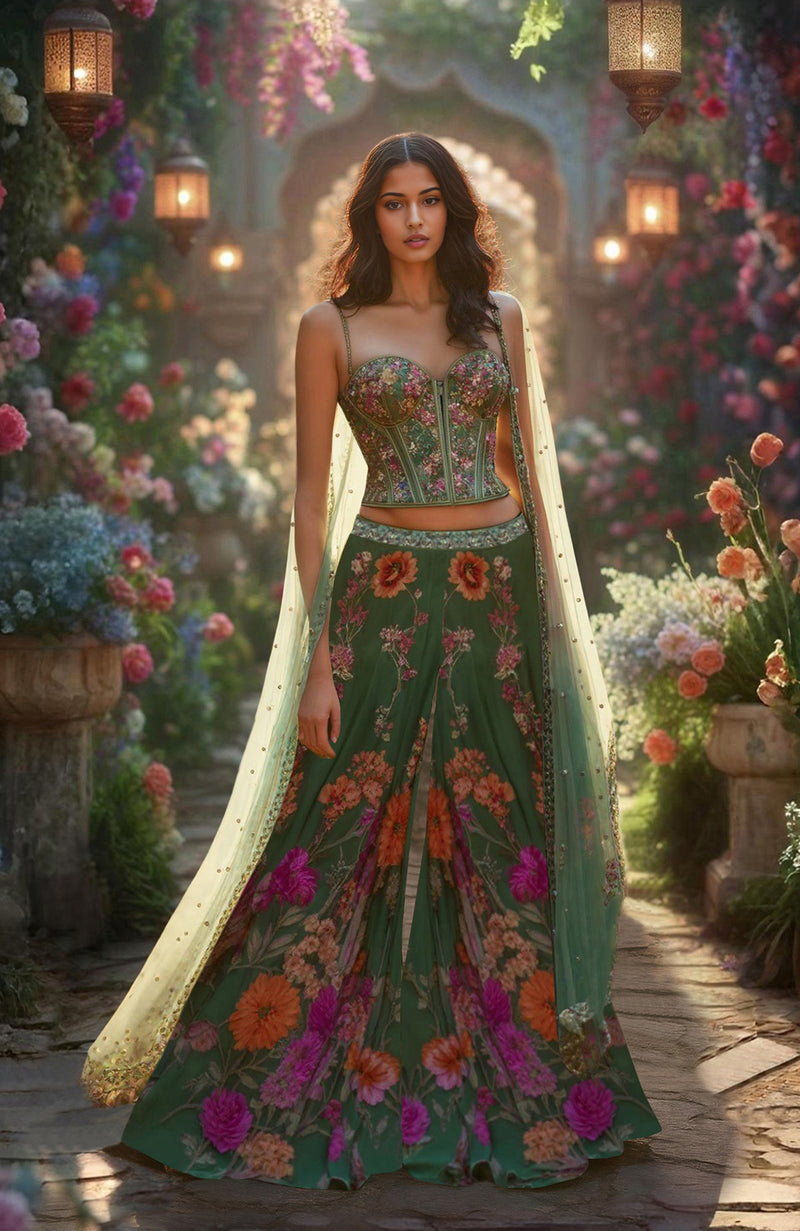 Enchanted Forest Green Floral Corset Sharara Set