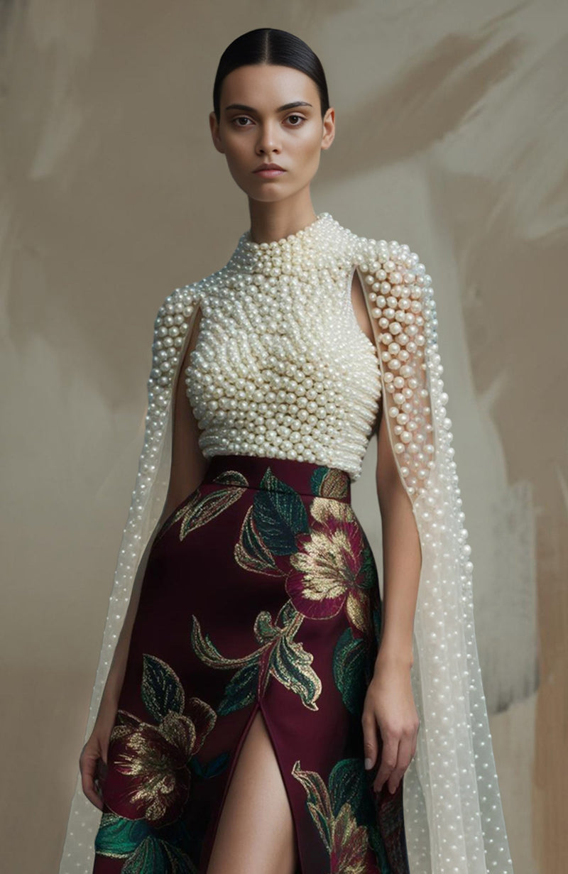 Empress Noir Pearl Embroidered Floral Skirt Set