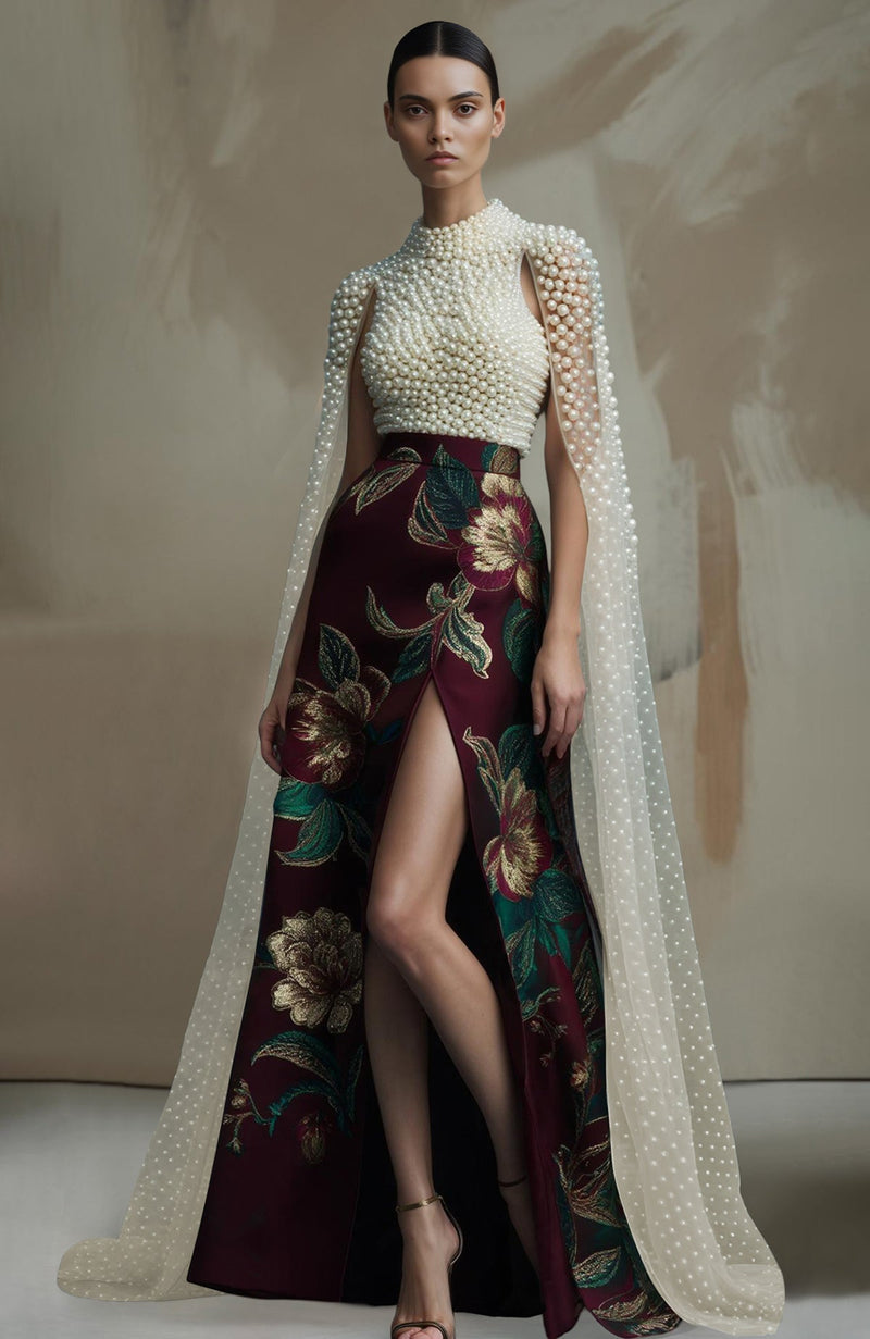 Empress Noir Pearl Embroidered Floral Skirt Set