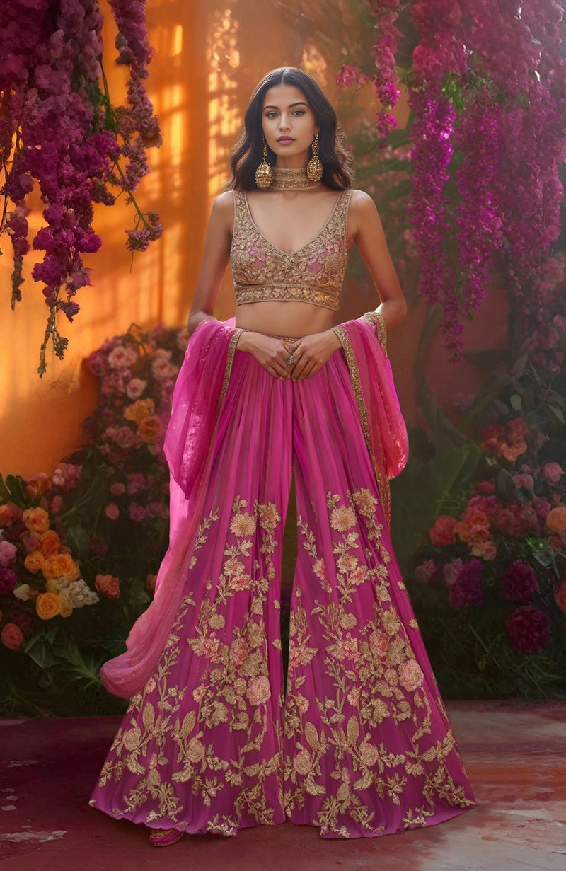 Rosette Gold Floral Embroidered Sharara Set