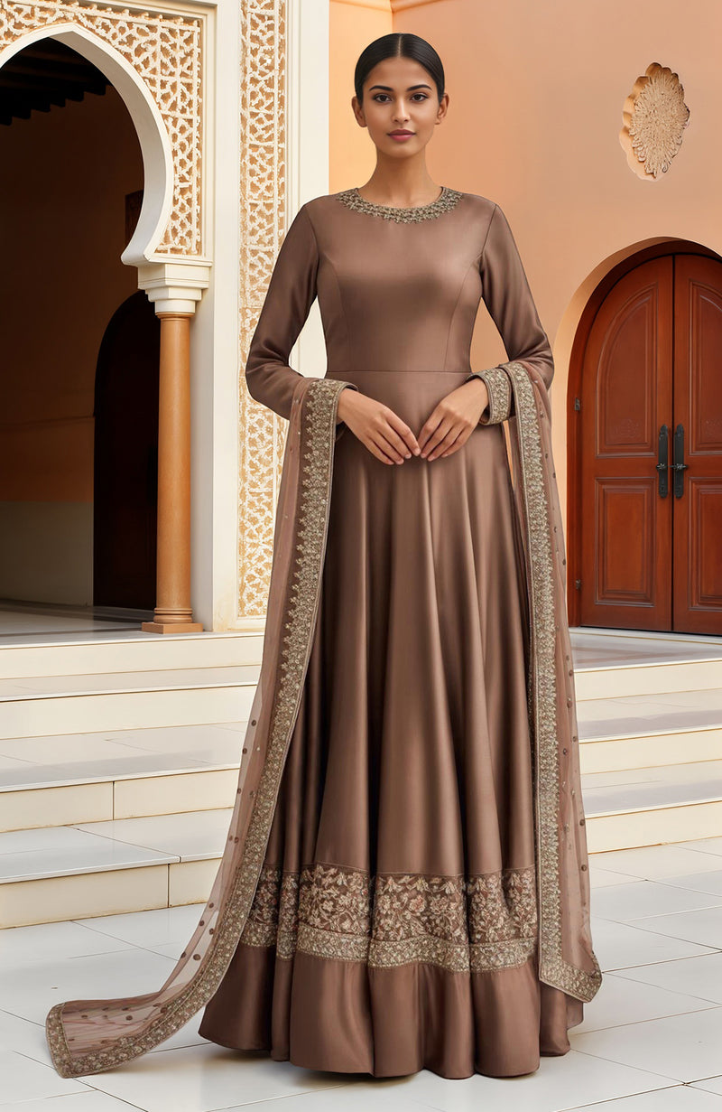 Mocha Brown Resham Beads and Sequins Embroidered Anarkali Set