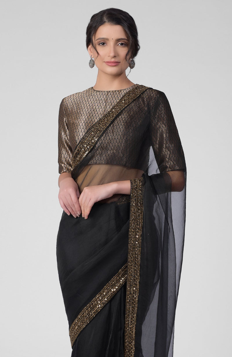 Tara - Black Hand Embroidered Zardozi Saree & Brocade Blouse