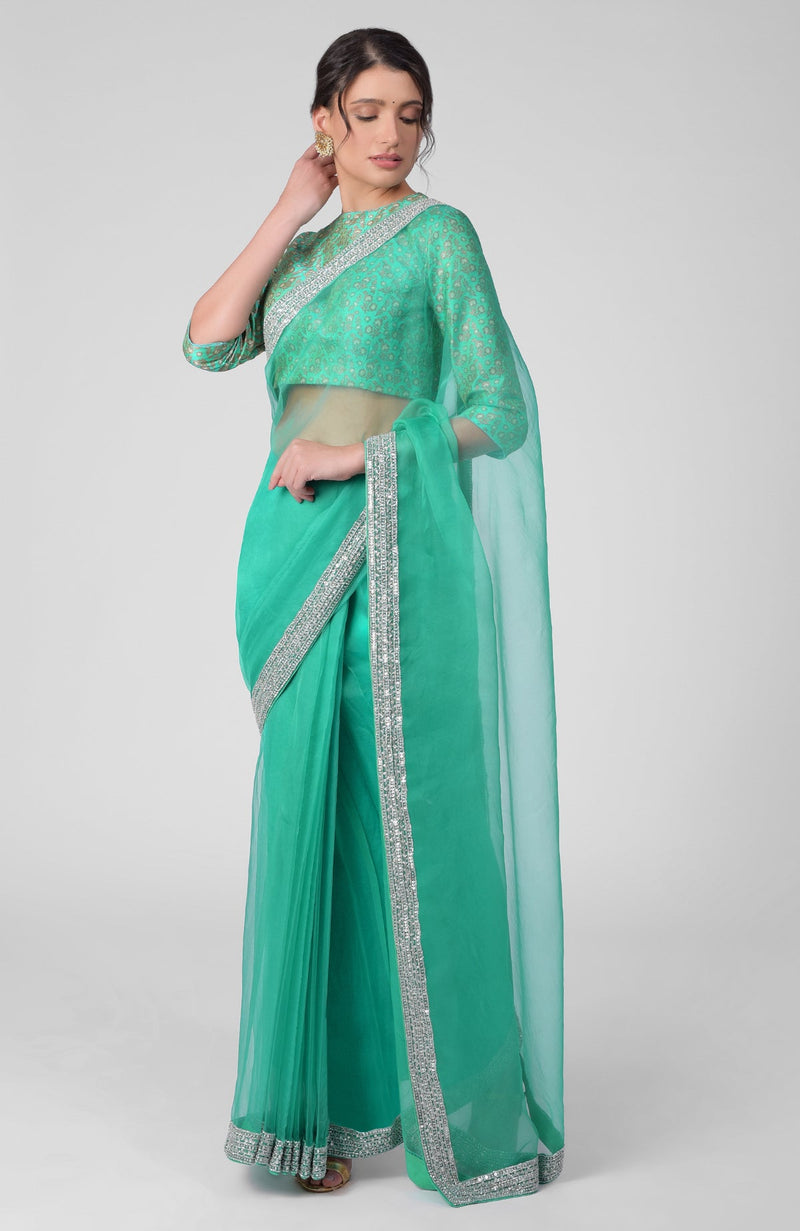 Tara - Mint Hand Embroidered Zardozi Saree & Brocade Blouse