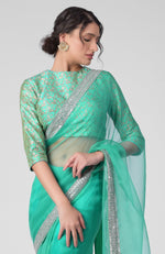 Tara - Mint Hand Embroidered Zardozi Saree & Brocade Blouse