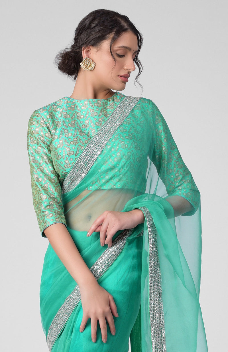 Tara - Mint Hand Embroidered Zardozi Saree & Brocade Blouse