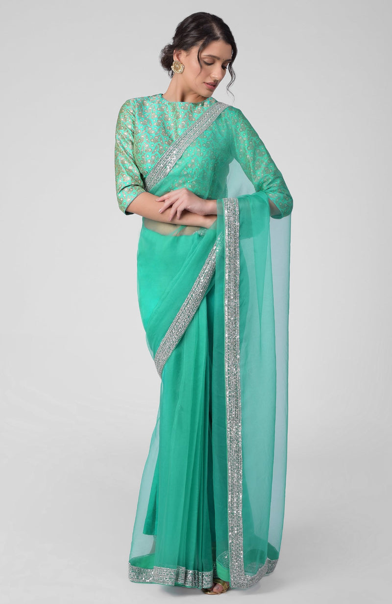 Tara - Mint Hand Embroidered Zardozi Saree & Brocade Blouse