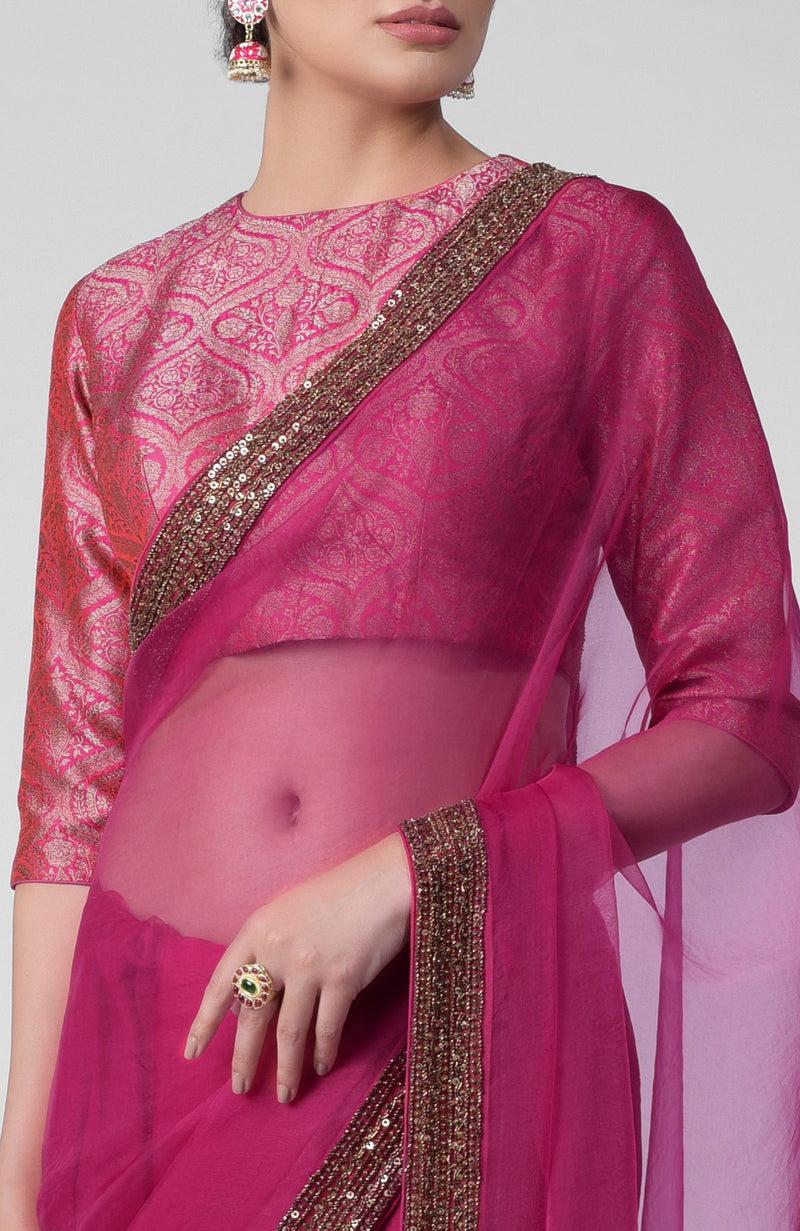 Tara - Fuchsia Hand Embroidered Zardozi Saree & Brocade Blouse