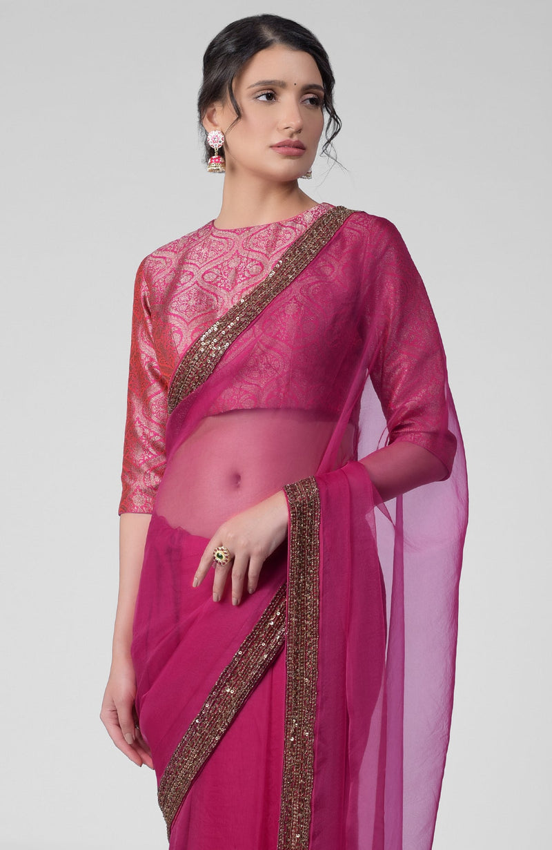 Tara - Fuchsia Hand Embroidered Zardozi Saree & Brocade Blouse