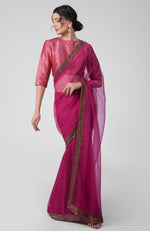 Tara - Fuchsia Hand Embroidered Zardozi Saree & Brocade Blouse