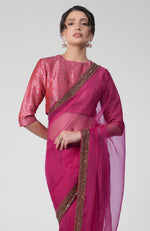 Tara - Fuchsia Hand Embroidered Zardozi Saree & Brocade Blouse