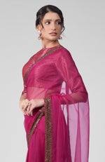 Tara - Fuchsia Hand Embroidered Zardozi Saree & Brocade Blouse