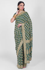 Masterpiece Bottle Green Bandhej & Banarasi Zari Zardozi Hand Embroidered Saree