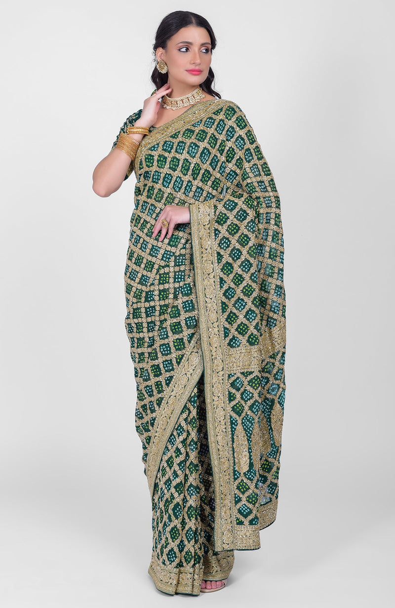 Masterpiece Bottle Green Bandhej & Banarasi Zari Zardozi Hand Embroidered Saree