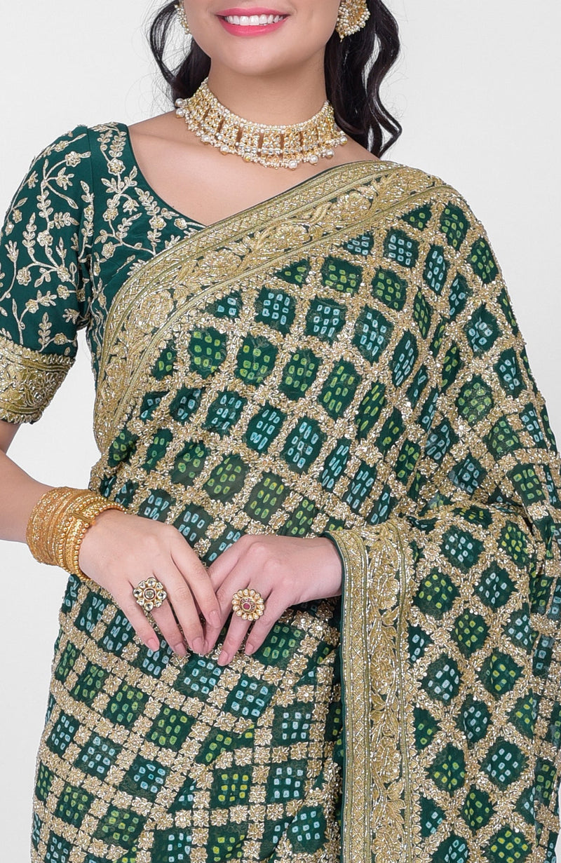 Masterpiece Bottle Green Bandhej & Banarasi Zari Zardozi Hand Embroidered Saree