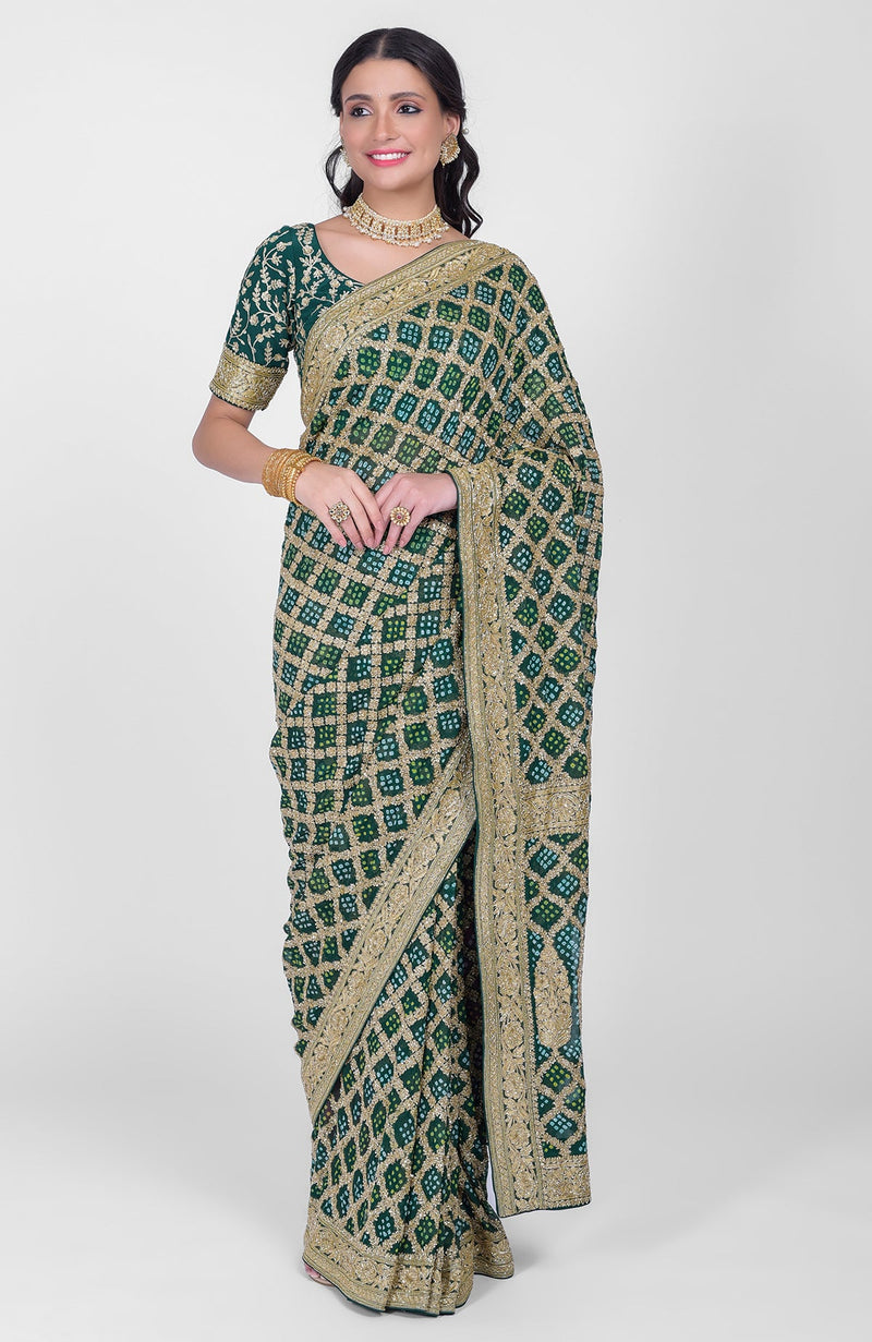 Masterpiece Bottle Green Bandhej & Banarasi Zari Zardozi Hand Embroidered Saree
