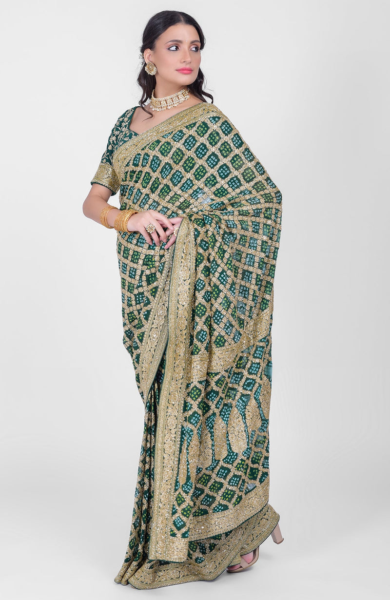 Masterpiece Bottle Green Bandhej & Banarasi Zari Zardozi Hand Embroidered Saree