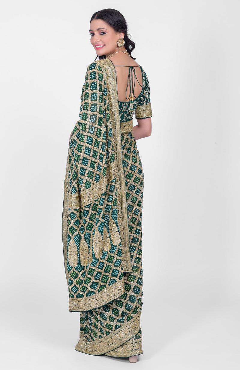 Masterpiece Bottle Green Bandhej & Banarasi Zari Zardozi Hand Embroidered Saree