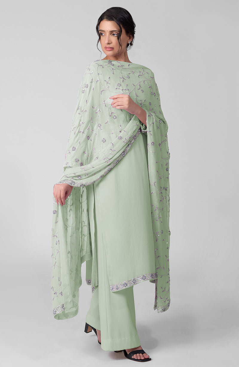 Delicate-Blue Beads & Sequin Zardozi Hand Embroidered Kurta Set