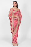 Masterpiece Pink-Red Ombre Bandhej & Banarasi Zari Zardozi Hand Embroidered Saree