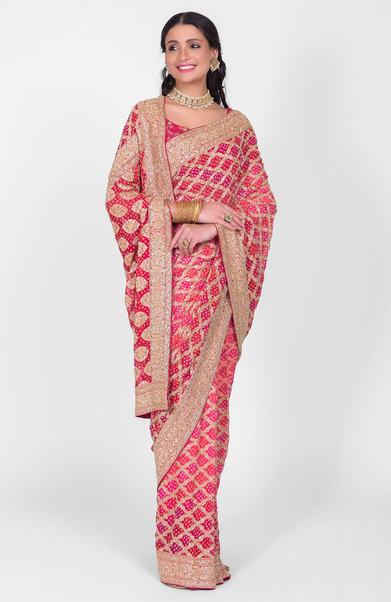 Masterpiece Pink-Red Ombre Bandhej & Banarasi Zari Zardozi Hand Embroidered Saree