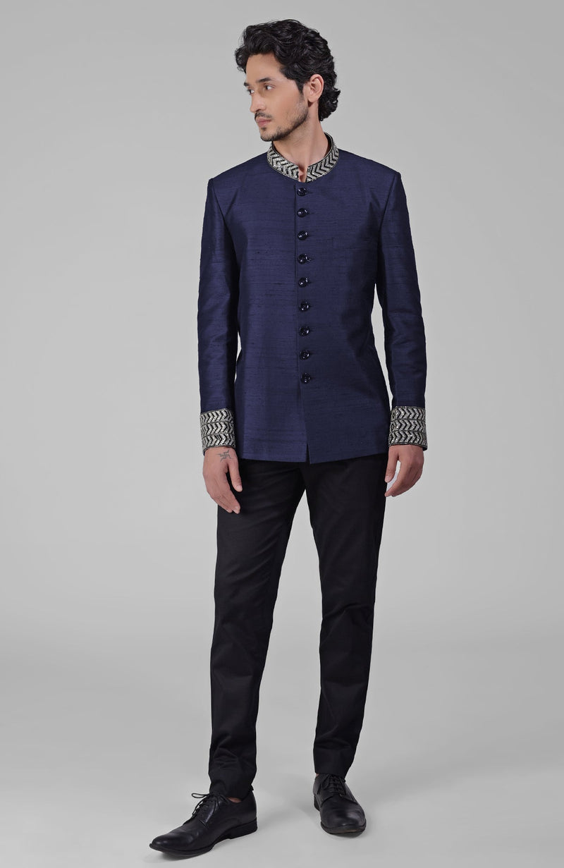Black Zardozi Hand Embroidered Silk Bandhgala Jacket Set