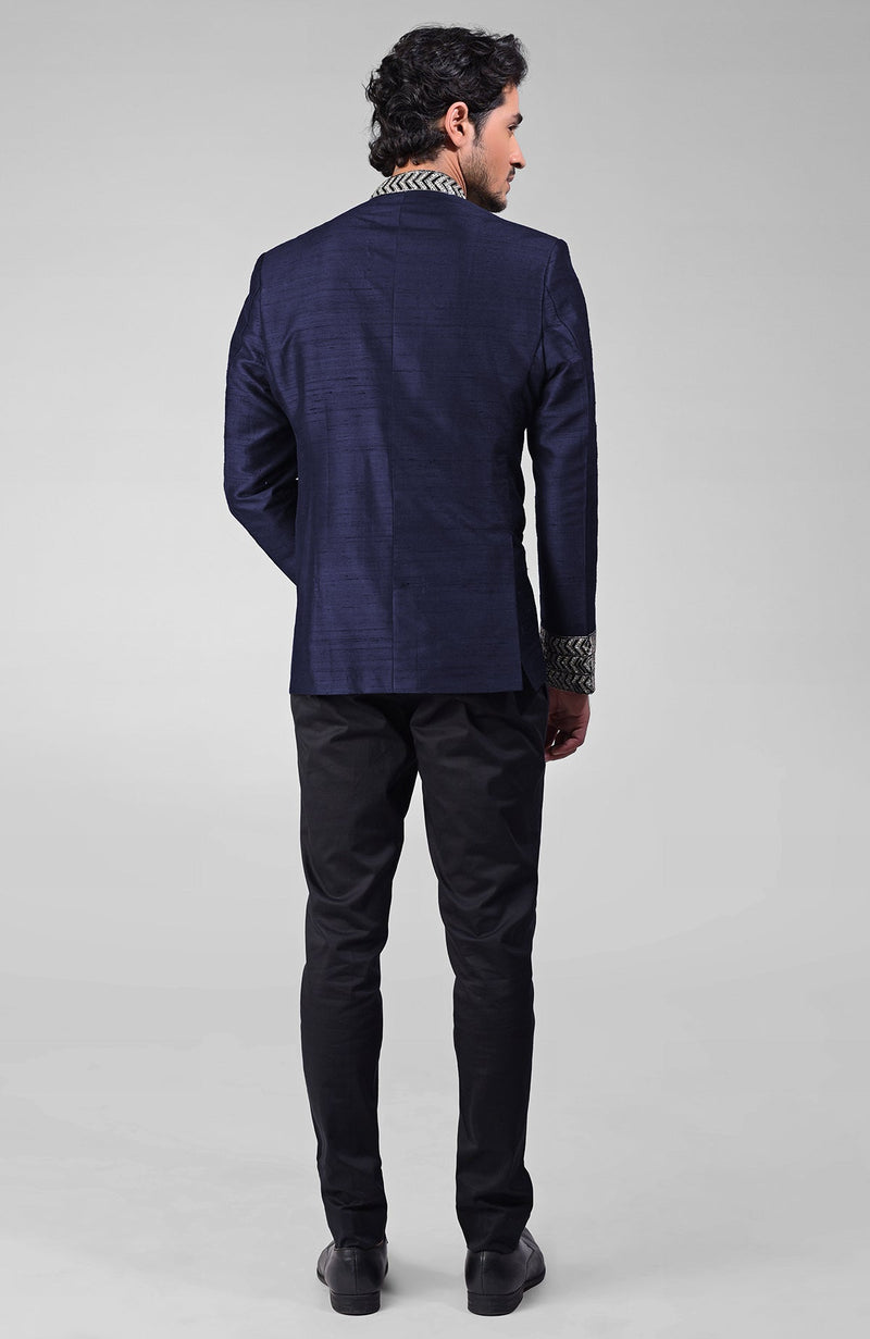 Navy Blue Zardozi Hand Embroidered Silk Bandhgala Jacket Set