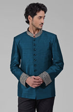 Teal Zardozi Hand Embroidered Silk Bandhgala Jacket Set