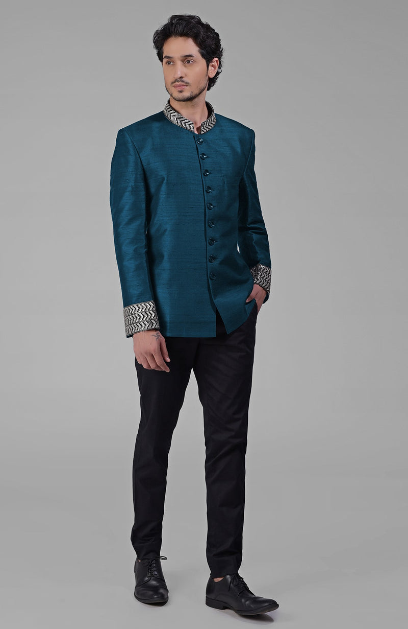 Navy Blue Zardozi Hand Embroidered Silk Bandhgala Jacket Set